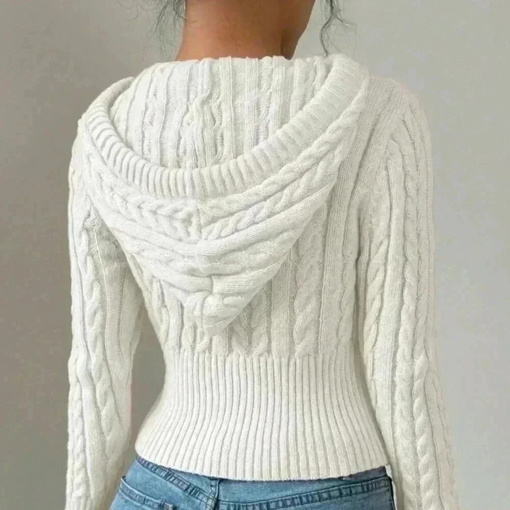 White Casual Women's Fitted Drawstring Hooded Cardigan - Picture 2 of 5